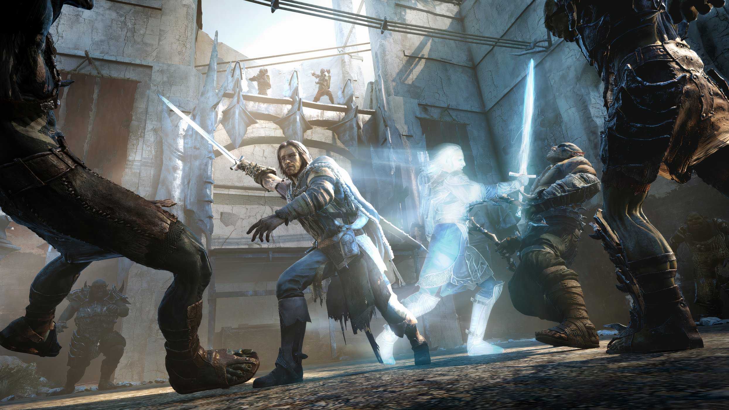 An image from Middle-Earth: Shadow of Mordor, showing the protagonist using their abilities in combat.