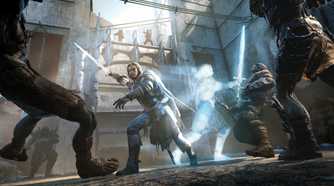 An image from Middle-Earth: Shadow of Mordor, showing the protagonist using their abilities in combat.