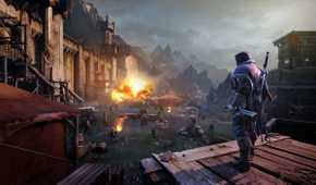 An image from Middle-Earth: Shadow of Mordor, showing the protagonist looking at a battle-ruined arena.