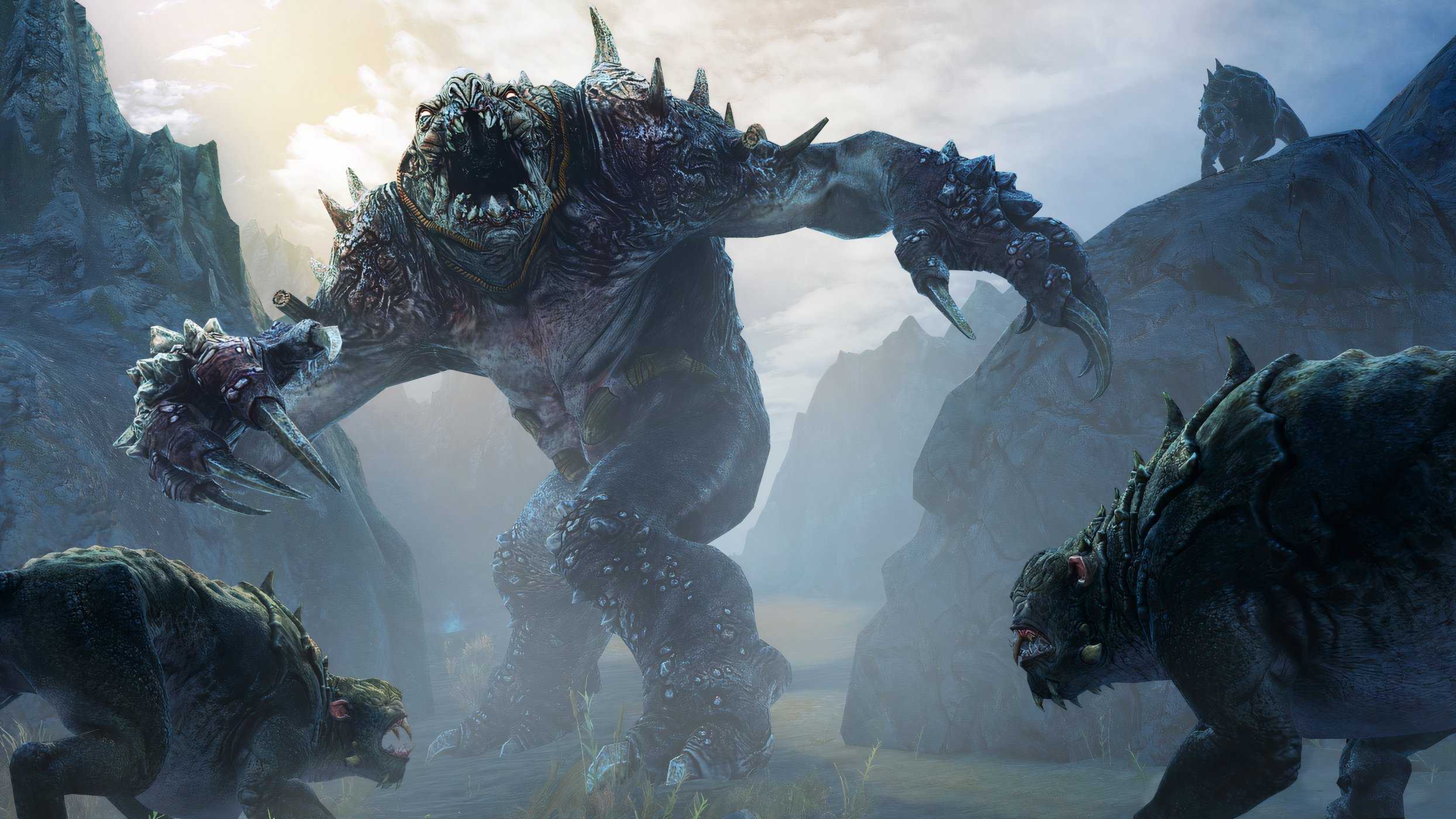 An image from Middle-Earth: Shadow of Mordor, showing a huge monster being surrounded by small, foru-legged creatures.