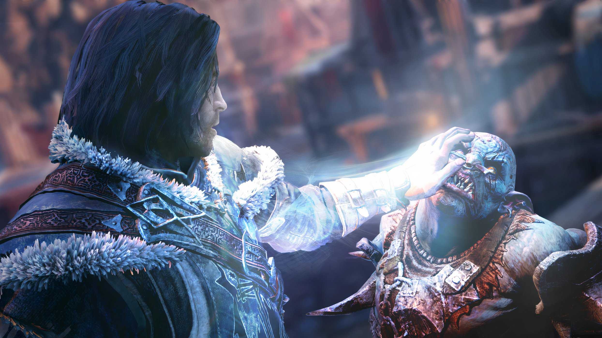 An image from Middle-Earth: Shadow of Mordor, showing the protagonist grabbing an orc's face.