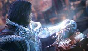 An image from Middle-Earth: Shadow of Mordor, showing the protagonist grabbing an orc's face.