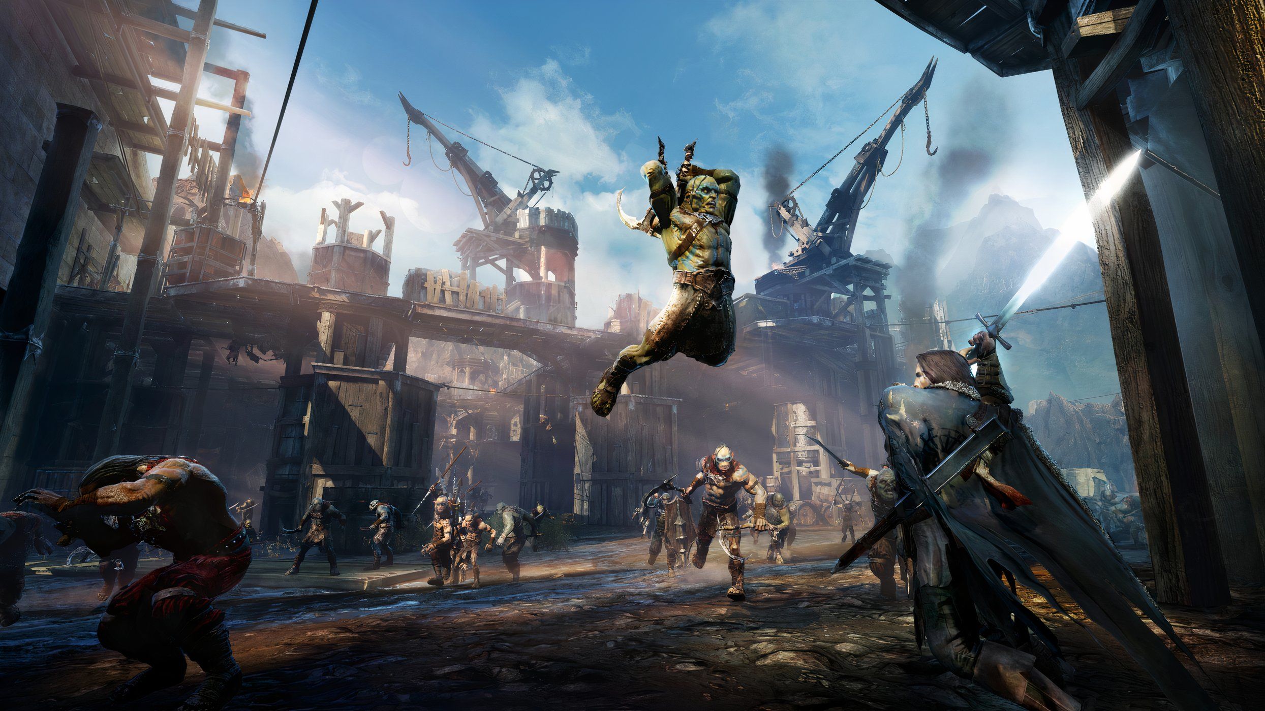 An image from Middle-Earth: Shadow of Mordor, showing a combat scene where an orc is jumping high into the air to attack the protagonist.