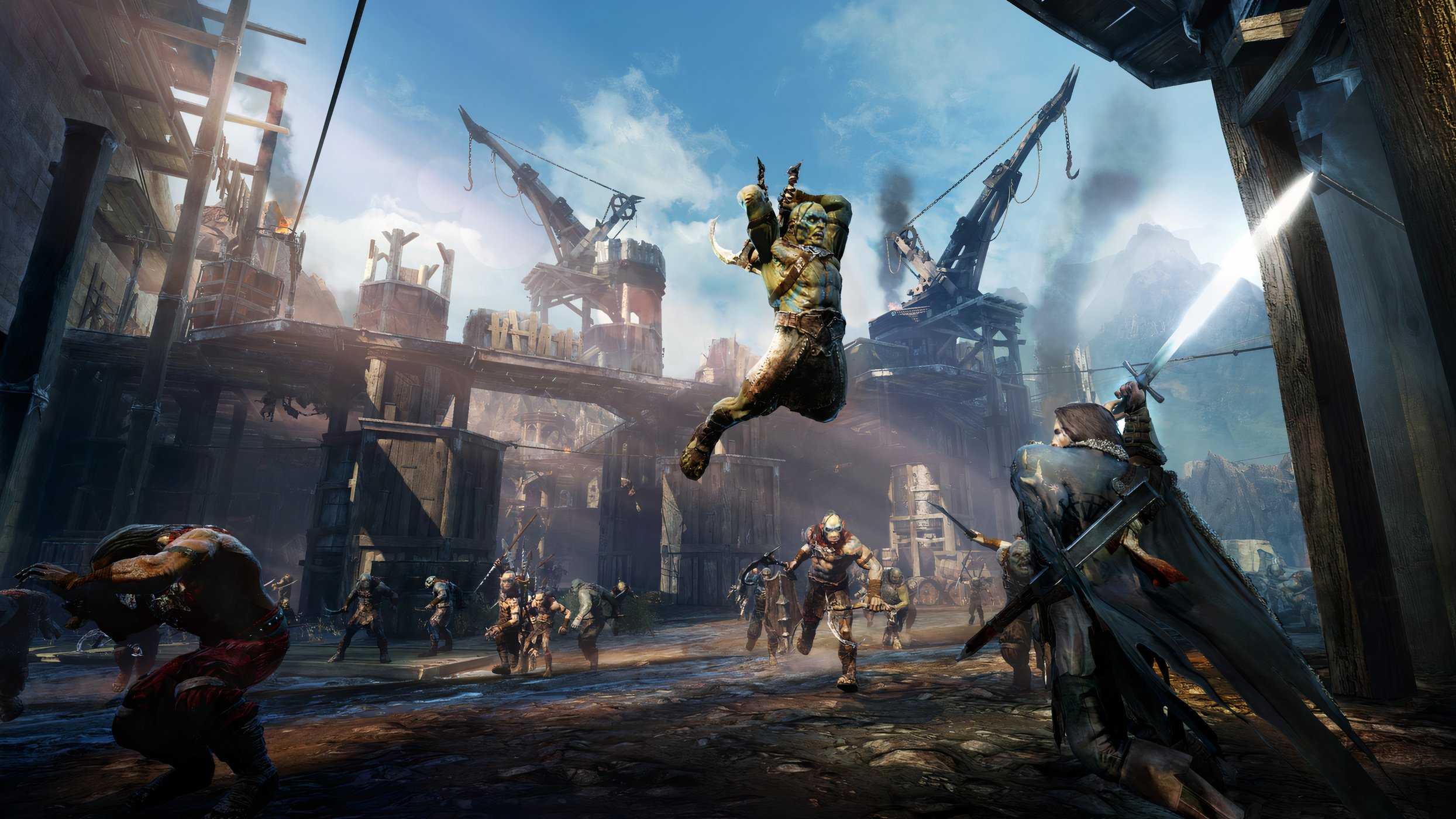 An image from Middle-Earth: Shadow of Mordor, showing a combat scene where an orc is jumping high into the air to attack the protagonist.