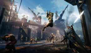 An image from Middle-Earth: Shadow of Mordor, showing a combat scene where an orc is jumping high into the air to attack the protagonist.
