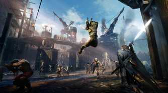 An image from Middle-Earth: Shadow of Mordor, showing a combat scene where an orc is jumping high into the air to attack the protagonist.