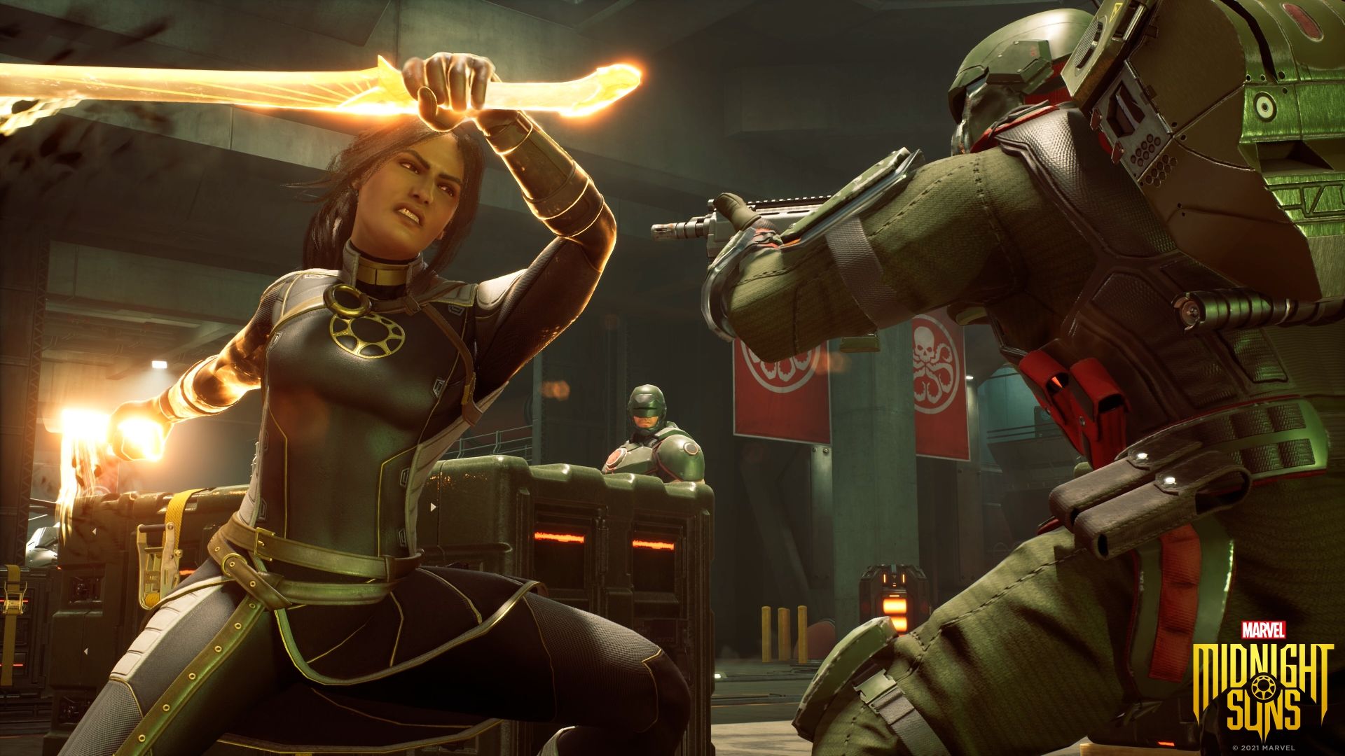 The Hunter attacking a Hydra soldier in Midnight Suns.