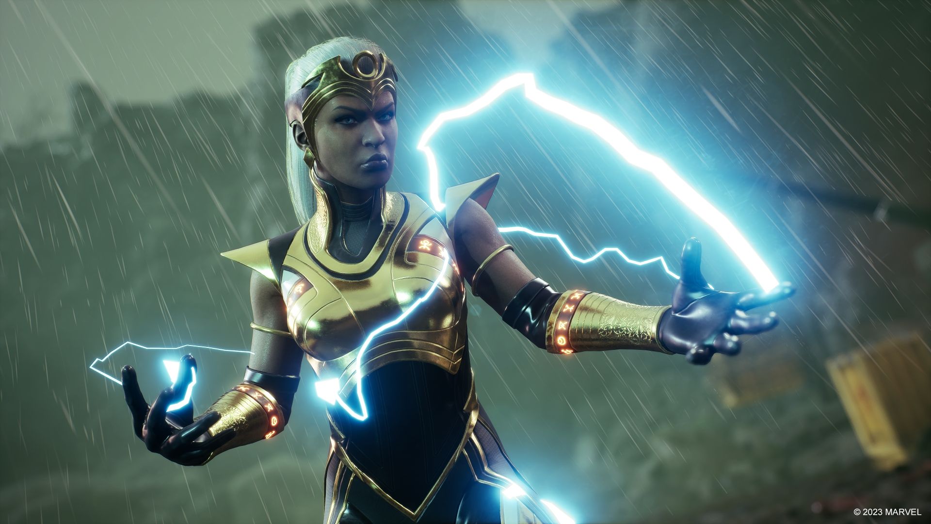 Storm using her powers in Marvel's Midnight Suns.