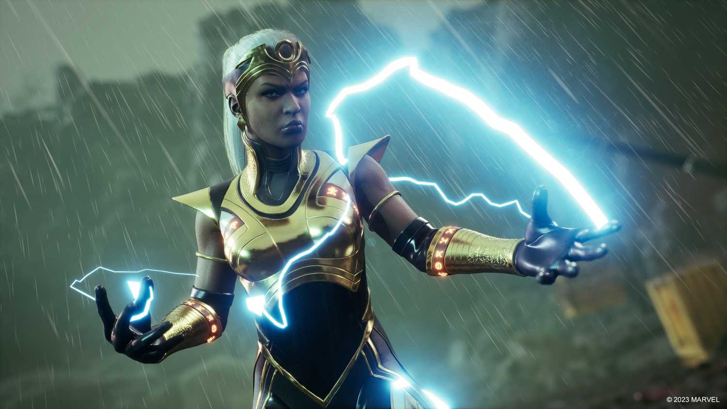 Storm using her powers in Marvel's Midnight Suns.