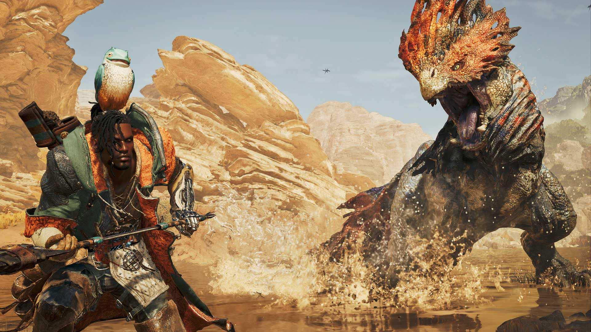 A creature from Monster Hunter Wilds stalks a hunter.