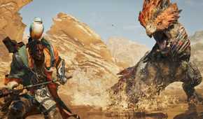 A creature from Monster Hunter Wilds stalks a hunter.
