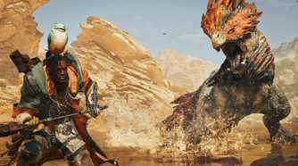 A creature from Monster Hunter Wilds stalks a hunter.