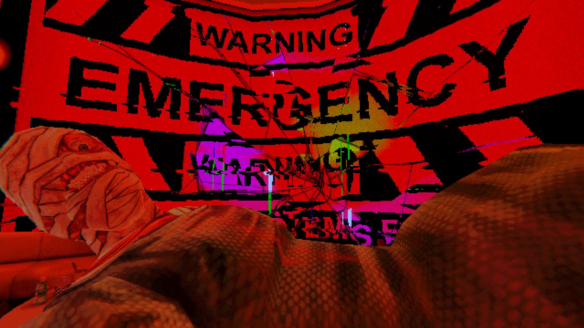 Screenshot from Mouthwashing video game of bandaged man lying down with a bright red warning flash behind him and broken glass