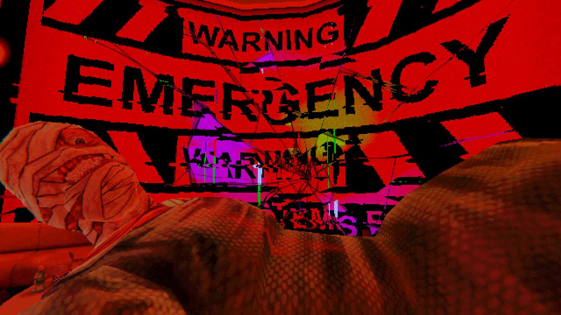 Screenshot from Mouthwashing video game of bandaged man lying down with a bright red warning flash behind him and broken glass