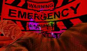 Screenshot from Mouthwashing video game of bandaged man lying down with a bright red warning flash behind him and broken glass