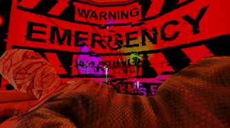Screenshot from Mouthwashing video game of bandaged man lying down with a bright red warning flash behind him and broken glass