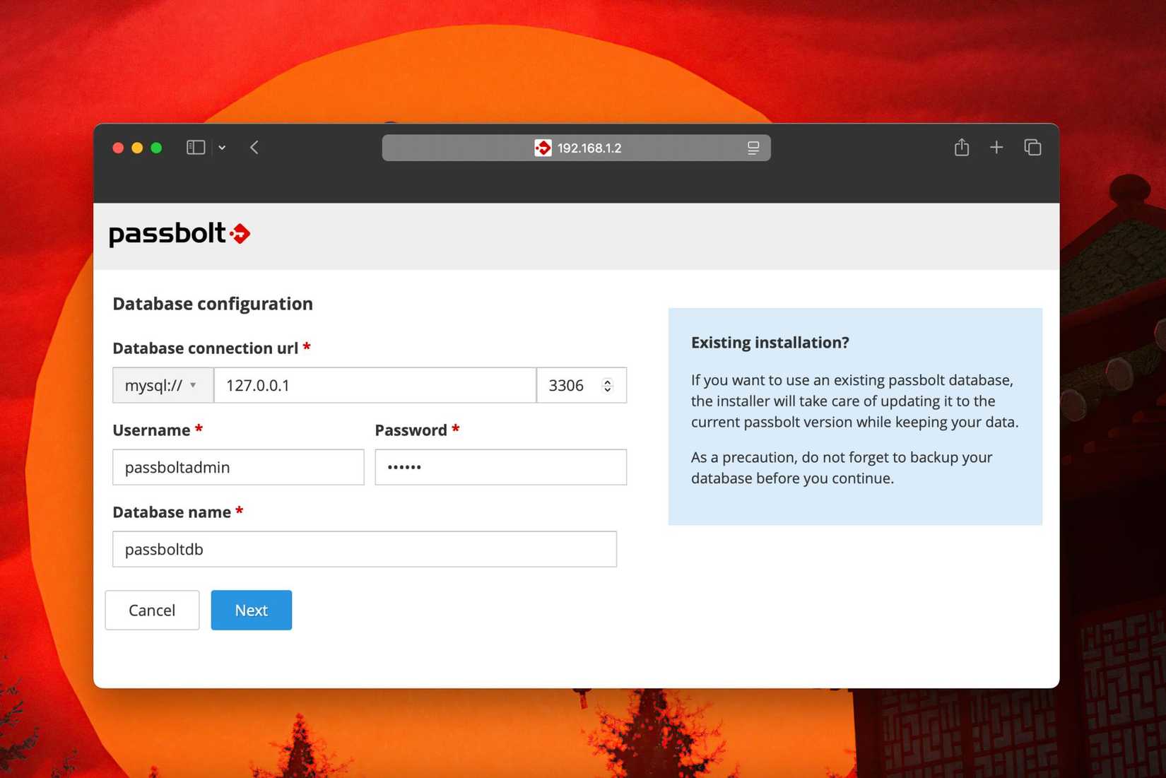 A screenshot of adding MySQL database details in Passbolt configuration