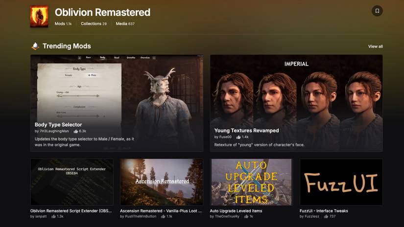 Nexus Oblibion Remaster screenshot of trending mods