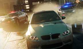 A screenshot from Need for Speed: Most Wanted 2012, showing a silver BMW being chased by cop cars.