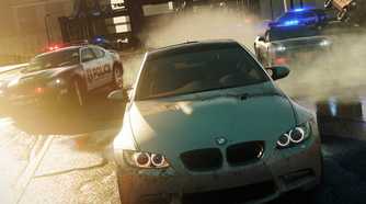 A screenshot from Need for Speed: Most Wanted 2012, showing a silver BMW being chased by cop cars.