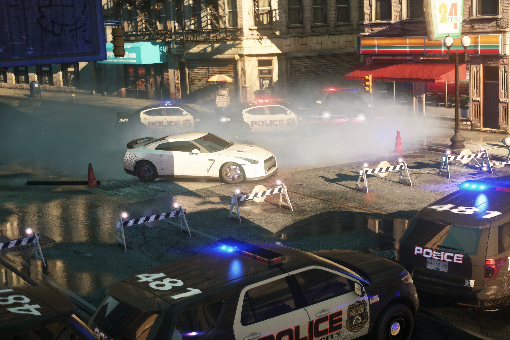 A screenshot from Need for Speed: Most Wanted 2012, showing a white Nissan GTR stopping at a police barricade.
