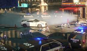 A screenshot from Need for Speed: Most Wanted 2012, showing a white Nissan GTR stopping at a police barricade.