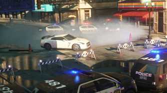A screenshot from Need for Speed: Most Wanted 2012, showing a white Nissan GTR stopping at a police barricade.