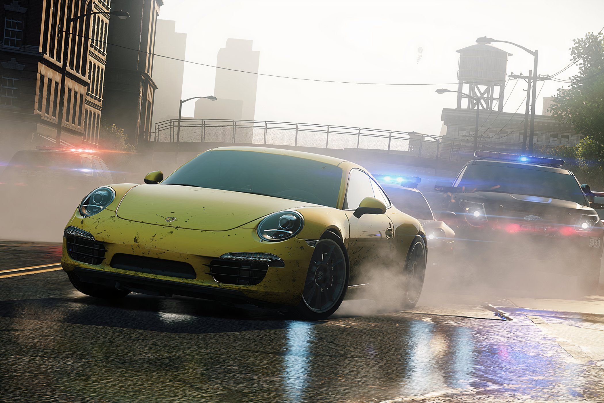 A screenshot from Need for Speed: Most Wanted 2012, showing a yellow Porsche being chased by cops.