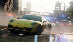 A screenshot from Need for Speed: Most Wanted 2012, showing a yellow Porsche being chased by cops.