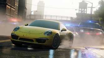 A screenshot from Need for Speed: Most Wanted 2012, showing a yellow Porsche being chased by cops.