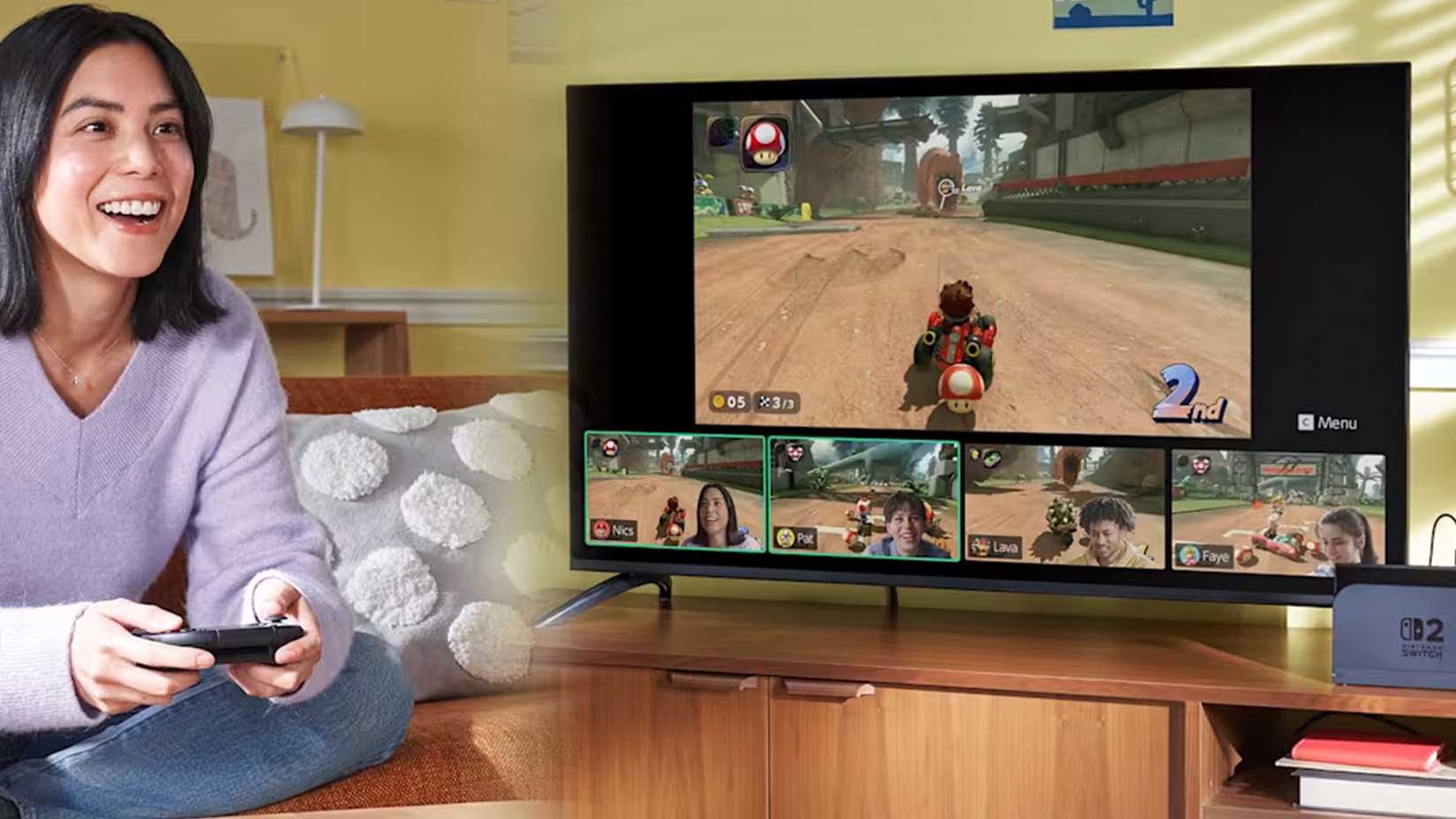 A shot of a girl playing Mario Kart World.