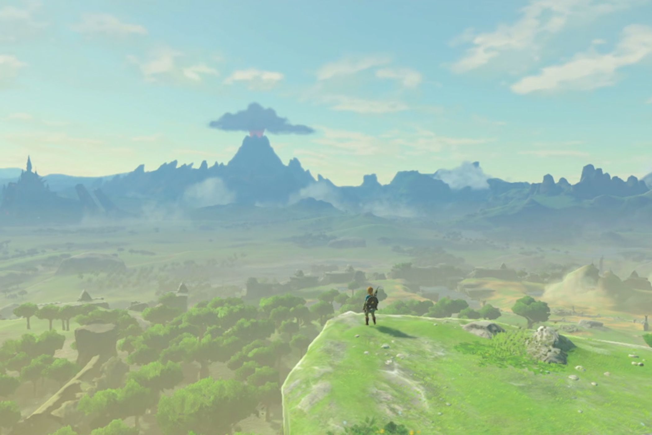 Legend of Zelda Breath of the Wild link standing on end of cliff