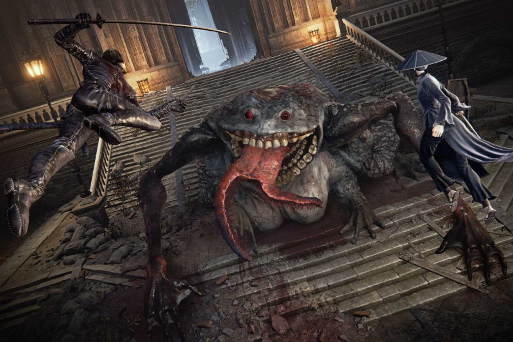 Duskbloods players attacking a large frog on stairs