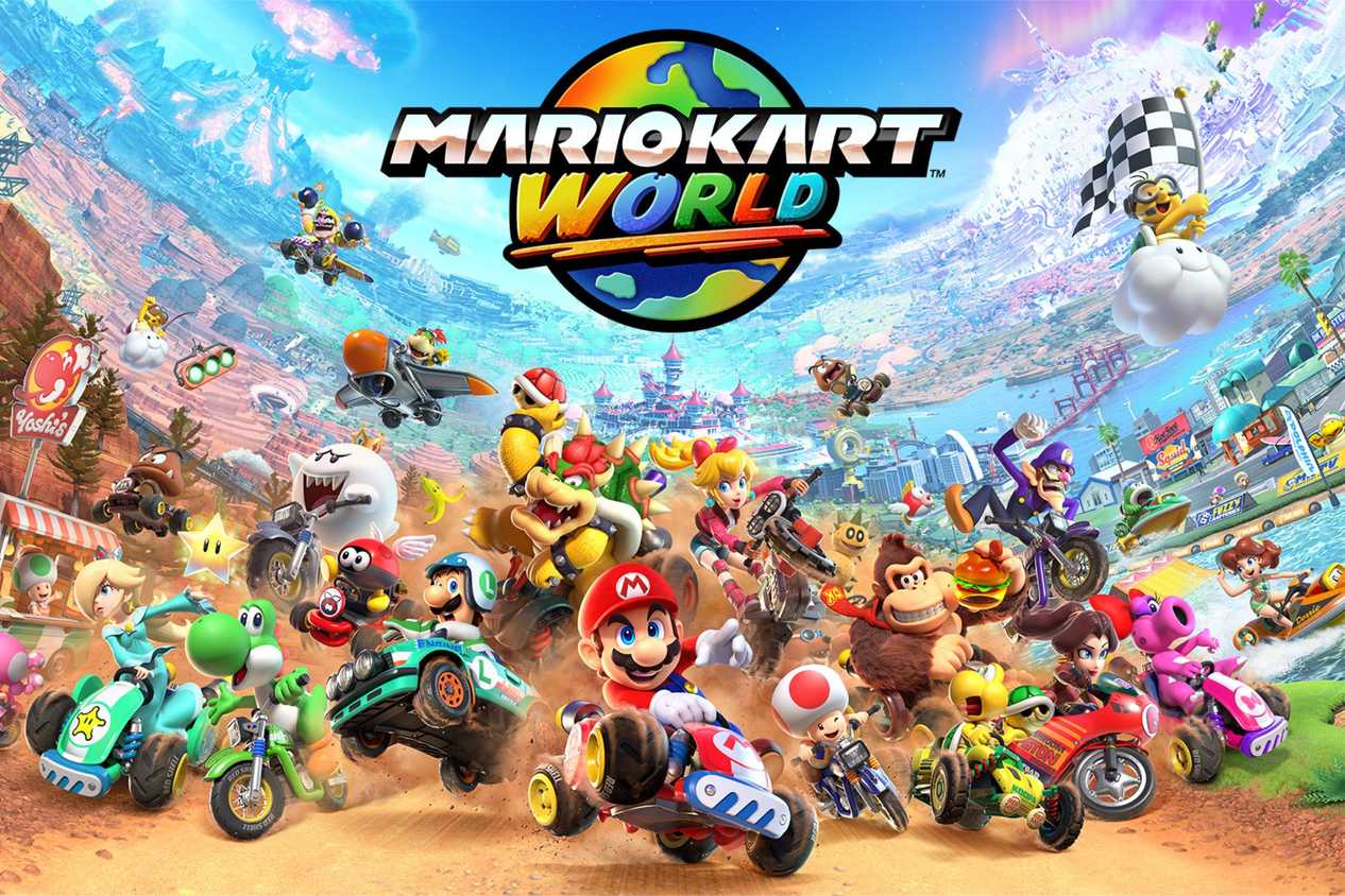 Mario Kart World cover art with racers