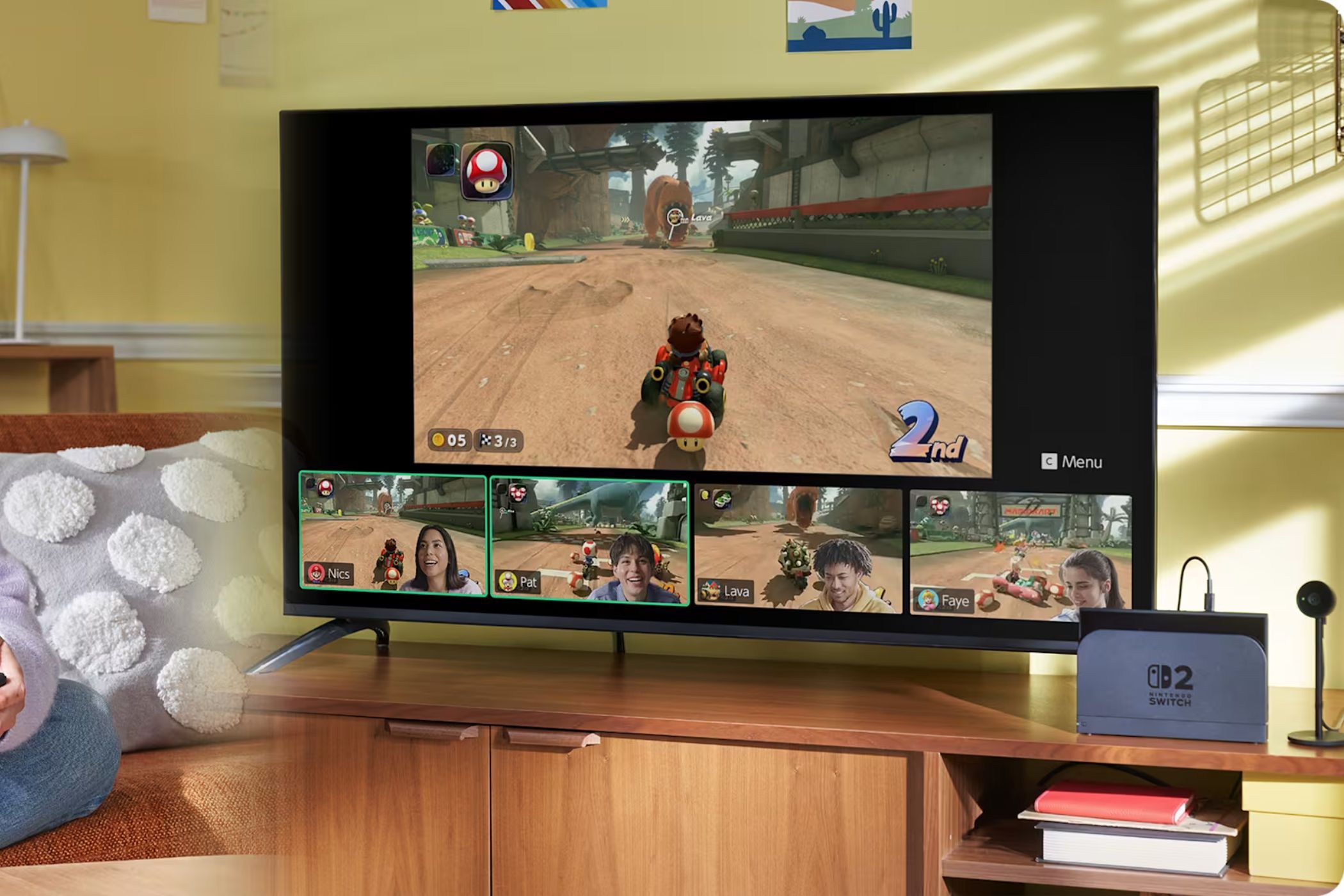 Nintendo Switch 2 system and camera playing Mario Kart World