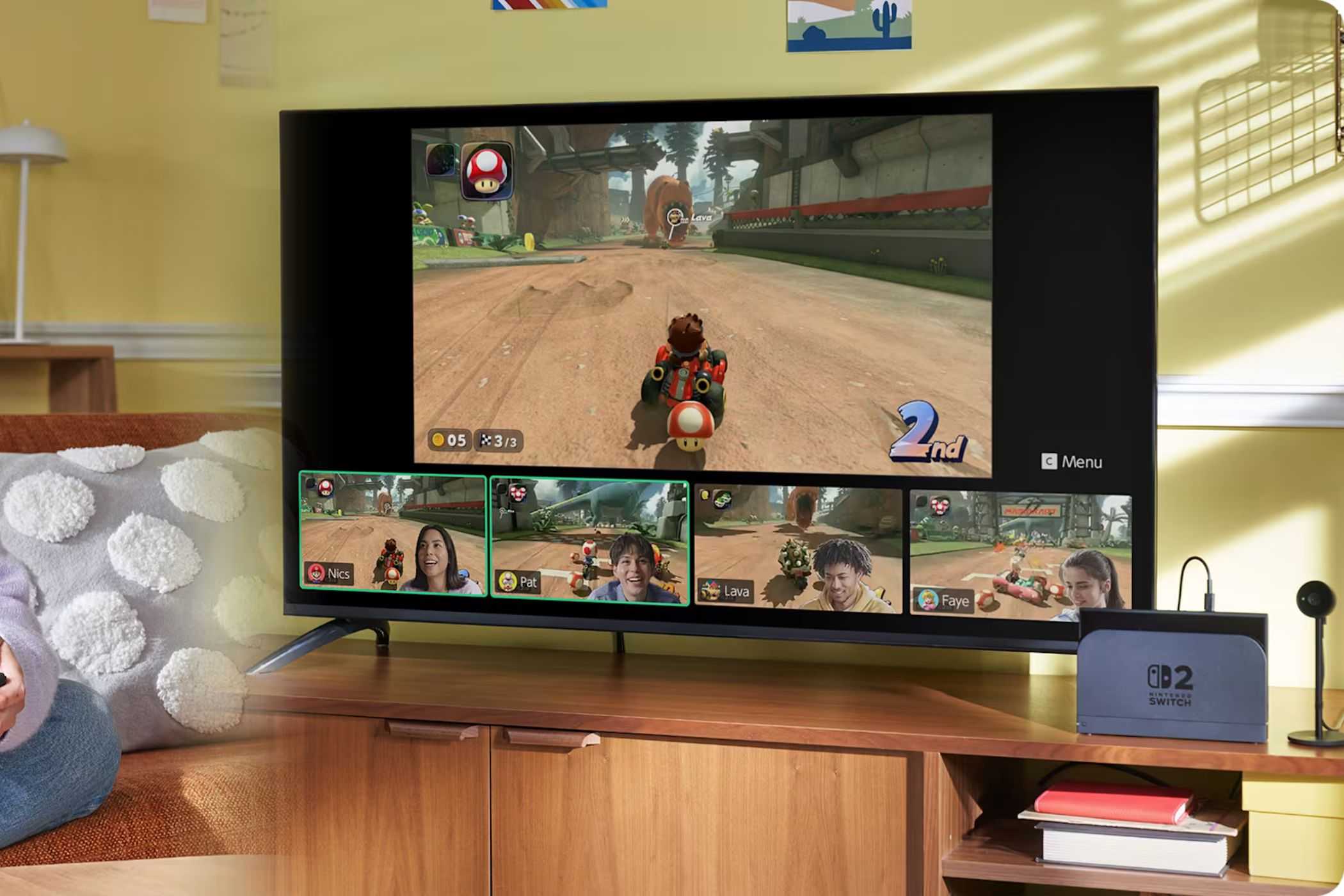 Nintendo Switch 2 system and camera playing Mario Kart World