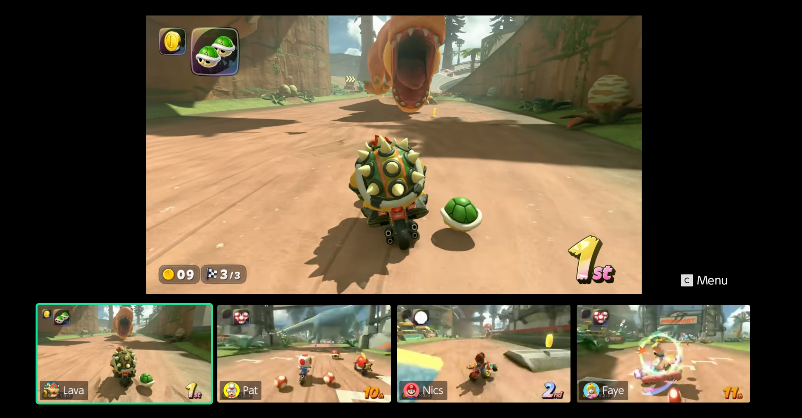 A screenshot of a Nintendo Switch 2 displaying Mario kart World with the GameChat interface showing off four players playing the same game