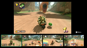 A screenshot of a Nintendo Switch 2 displaying Mario kart World with the GameChat interface showing off four players playing the same game