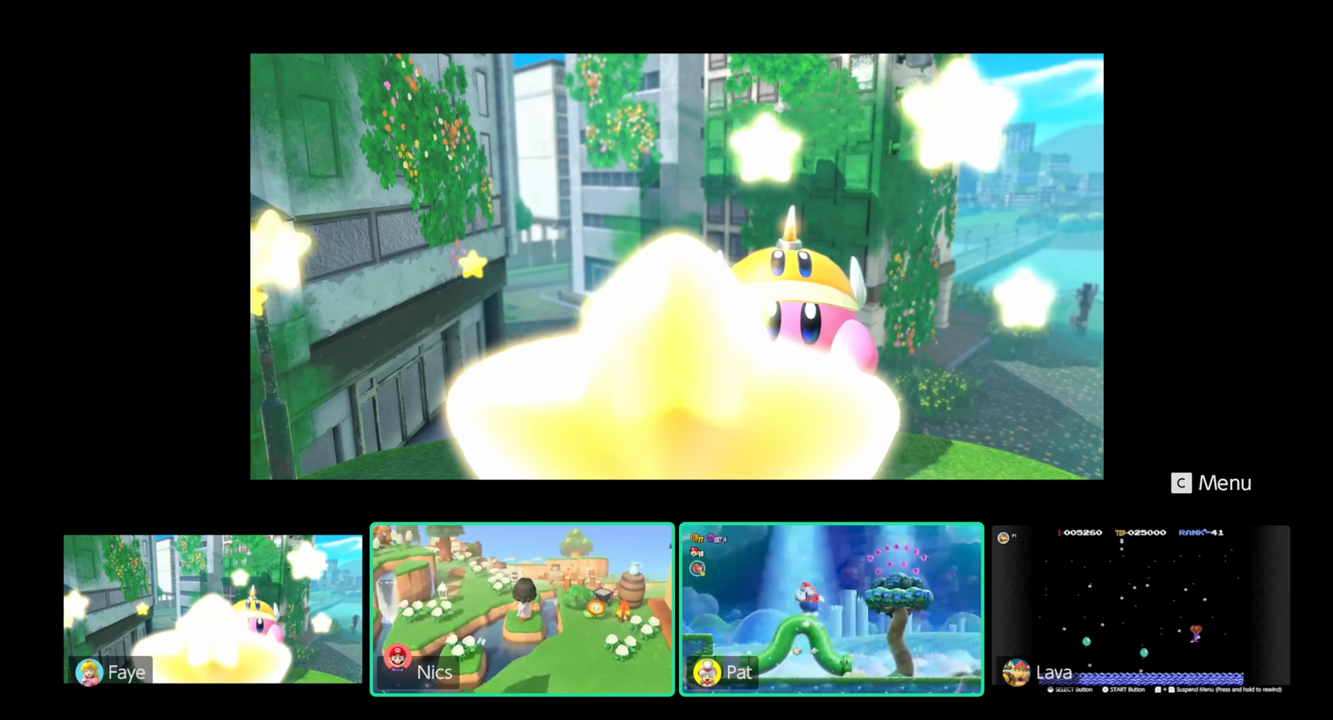 A screenshot of a Nintendo Switch 2 displaying Kirby and the Forgotten land with the GameChat interface showing off four players playing different games at the same time