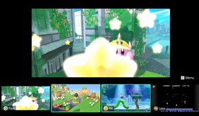 A screenshot of a Nintendo Switch 2 displaying Kirby and the Forgotten land with the GameChat interface showing off four players playing different games at the same time