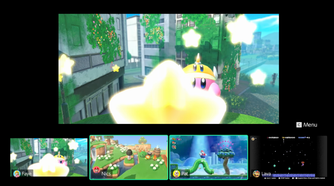 A screenshot of a Nintendo Switch 2 displaying Kirby and the Forgotten land with the GameChat interface showing off four players playing different games at the same time