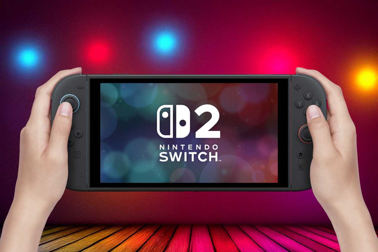 A Nintendo Switch 2 held in a person's hands with a colorful room in the background