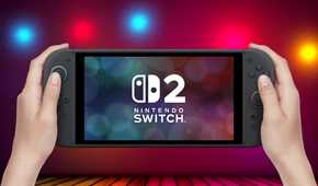A Nintendo Switch 2 held in a person's hands with a colorful room in the background