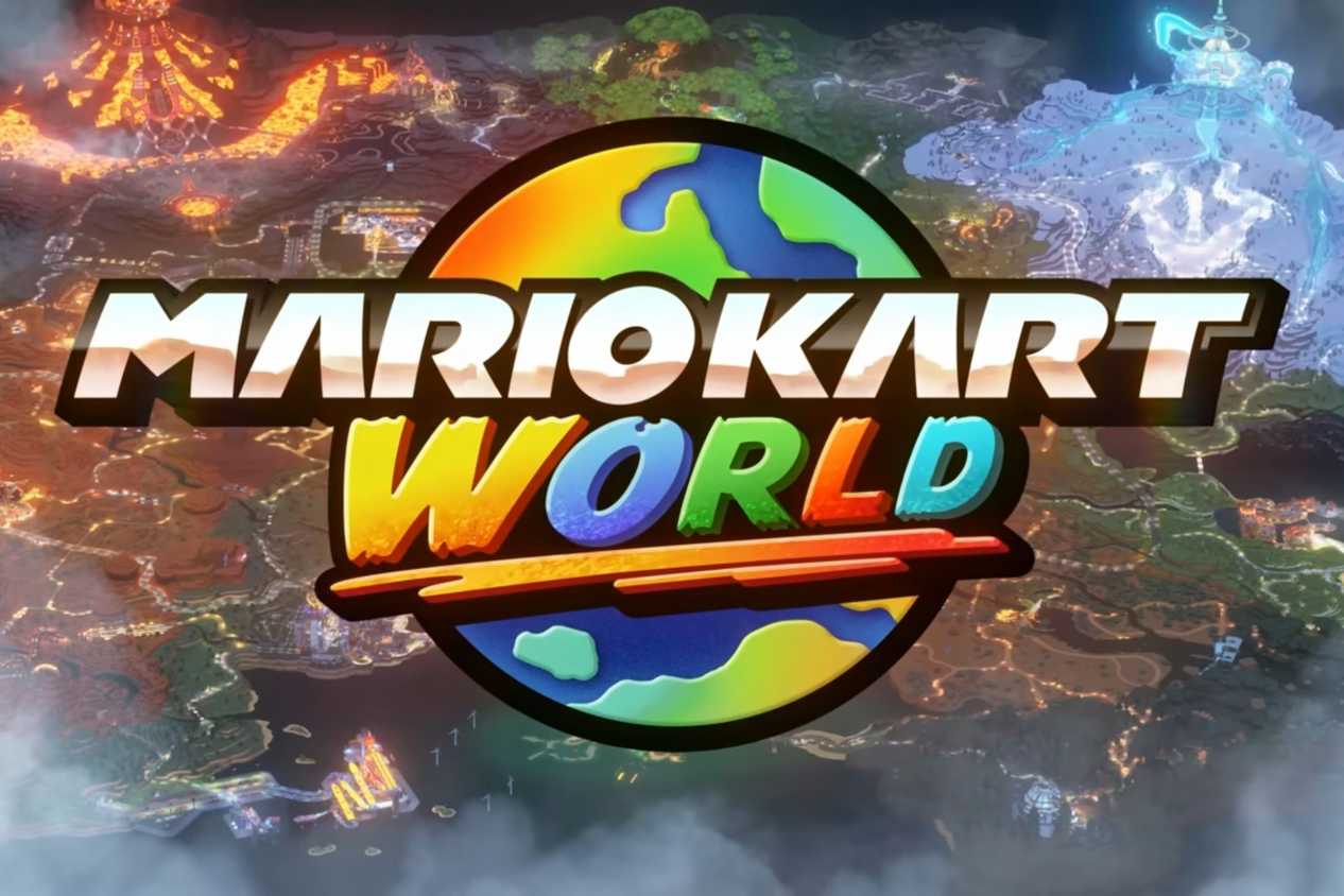 Mario Kart World logo with world background
