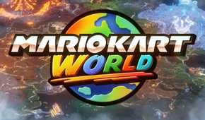 Mario Kart World logo with world background