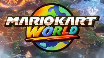 Mario Kart World logo with world background