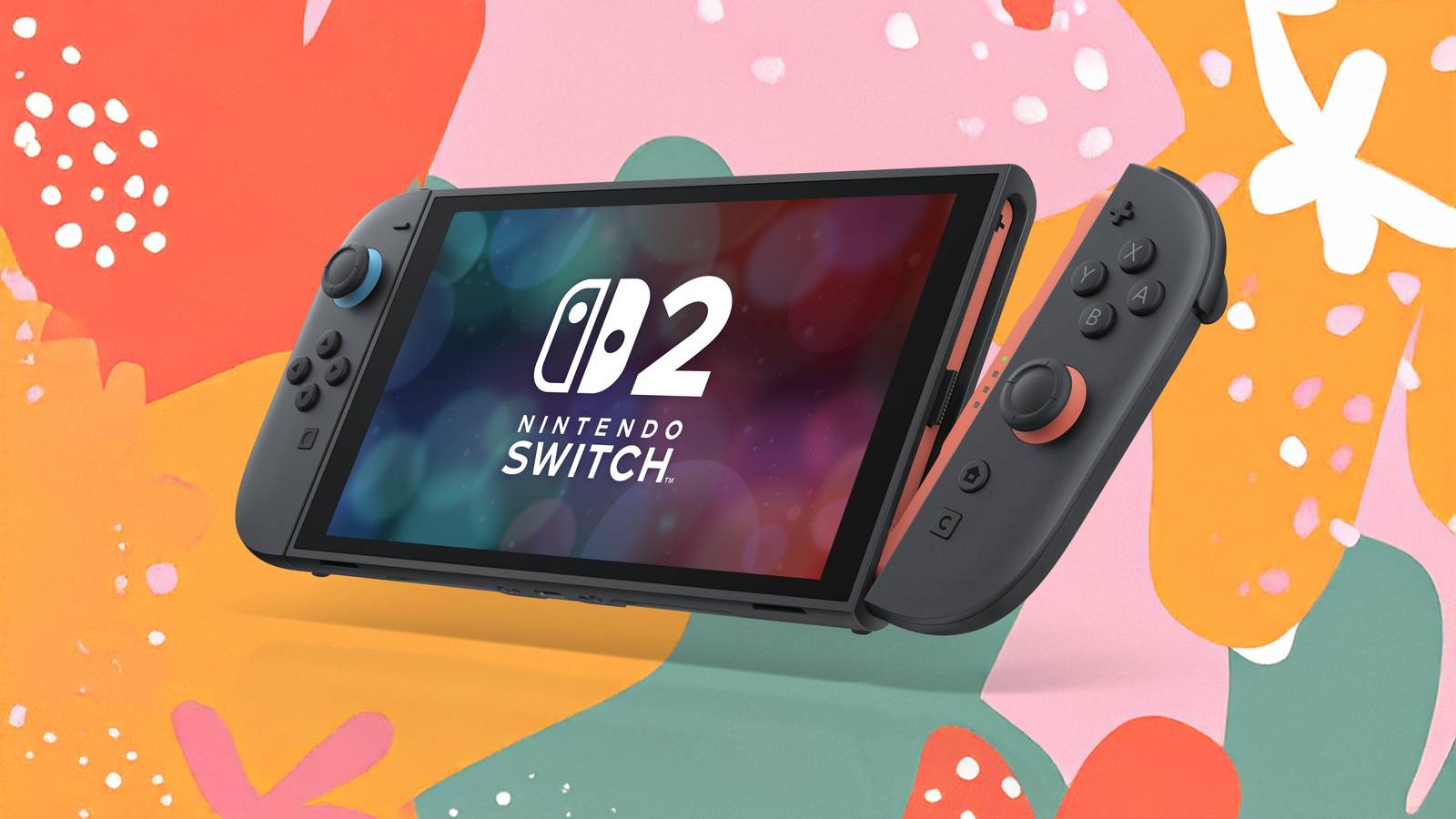 A Nintendo Switch 2 with one of the Joy-Con 2 being removed over a colorful background