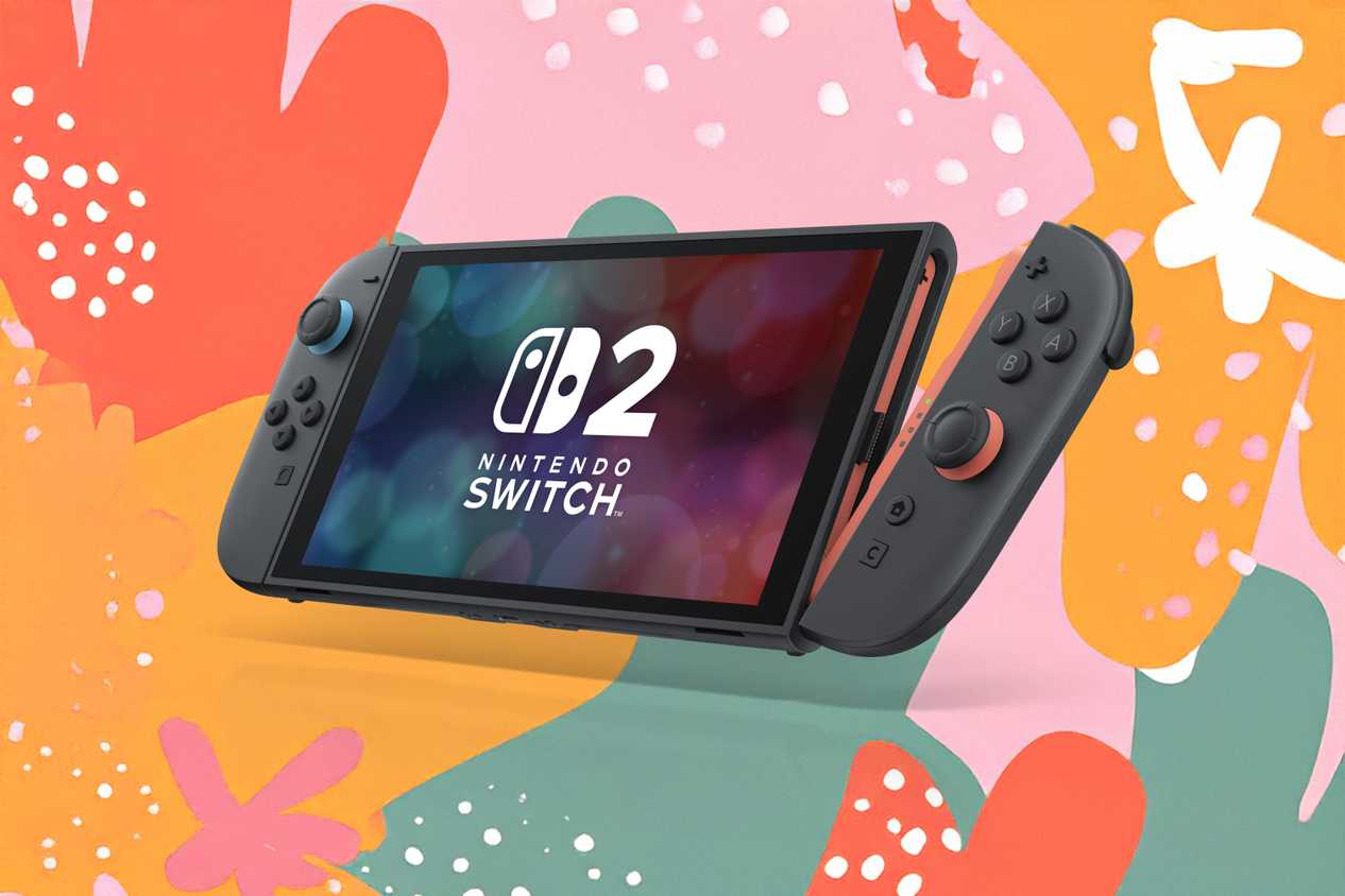 A Nintendo Switch 2 with one of the Joy-Con 2 being removed over a colorful background