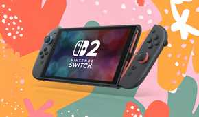 A Nintendo Switch 2 with one of the Joy-Con 2 being removed over a colorful background