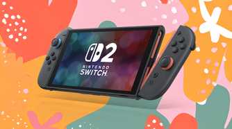 A Nintendo Switch 2 with one of the Joy-Con 2 being removed over a colorful background